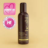 He-shi Express Liquid Tan bottle with Cosmopolitan Beauty Awards and Hi! Best Beauty Buys logos on a beige background