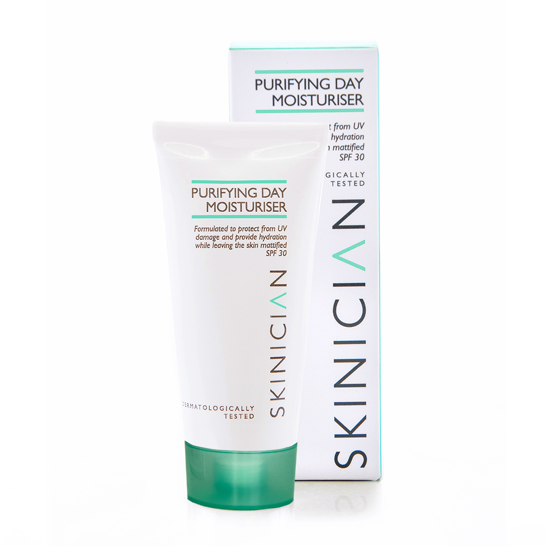 Skinician purifying day moisturizer tube and packaging on a white background