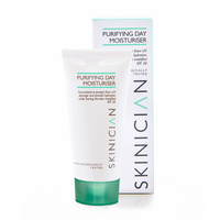 Skinician purifying day moisturizer tube and packaging on a white background