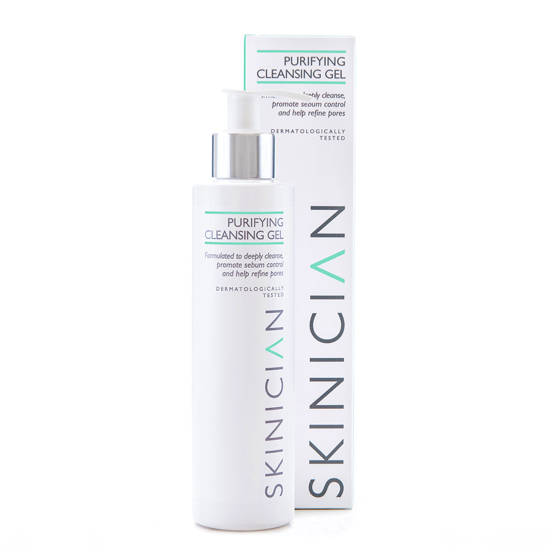 Skincare product packaging for 'Purifying Cleansing Gel' by Skinician on a white background