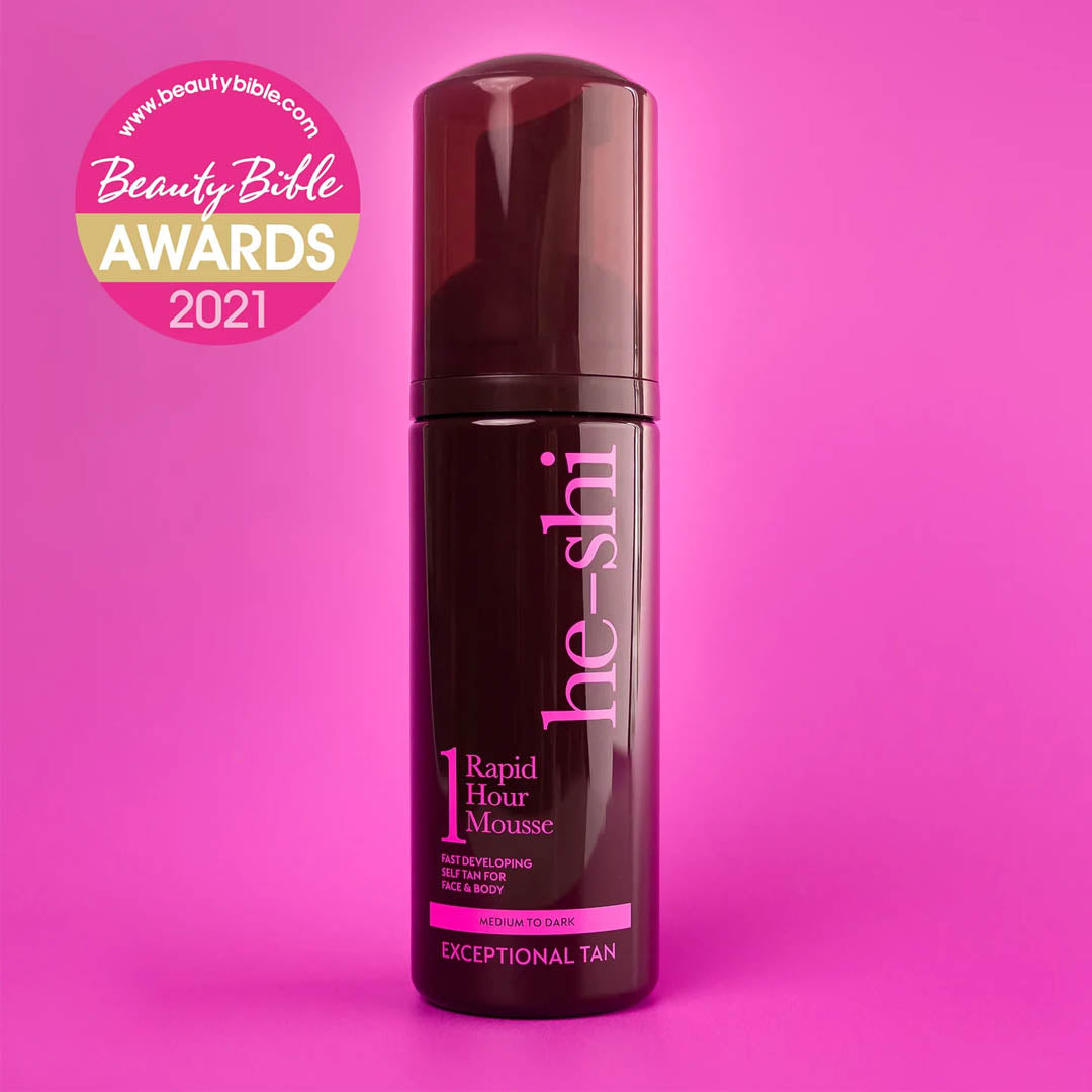 He-Shi Rapid Hour Mousse bottle on a pink background with Beauty Bible Awards 2021 logo.