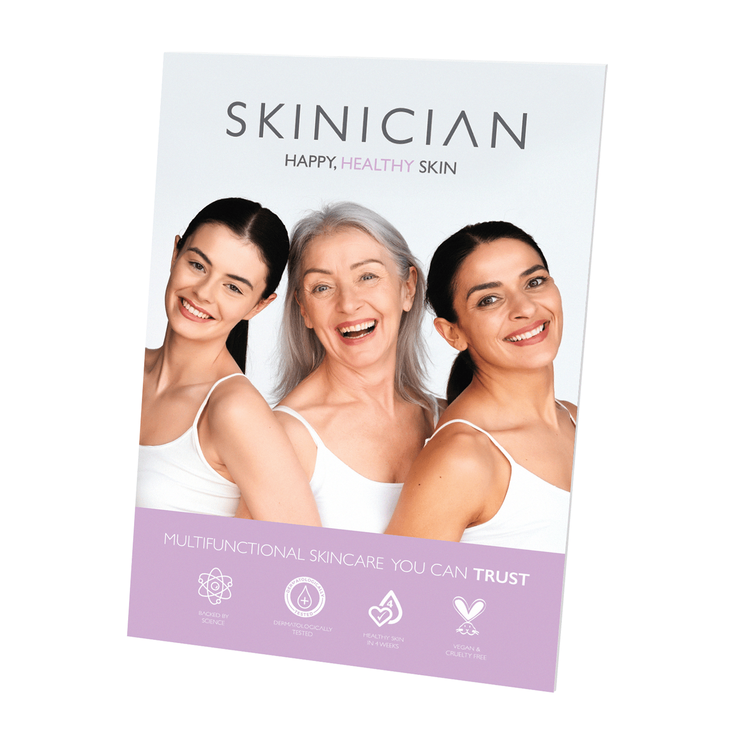 SKINICIAN skincare product packaging with three women's faces on a white background