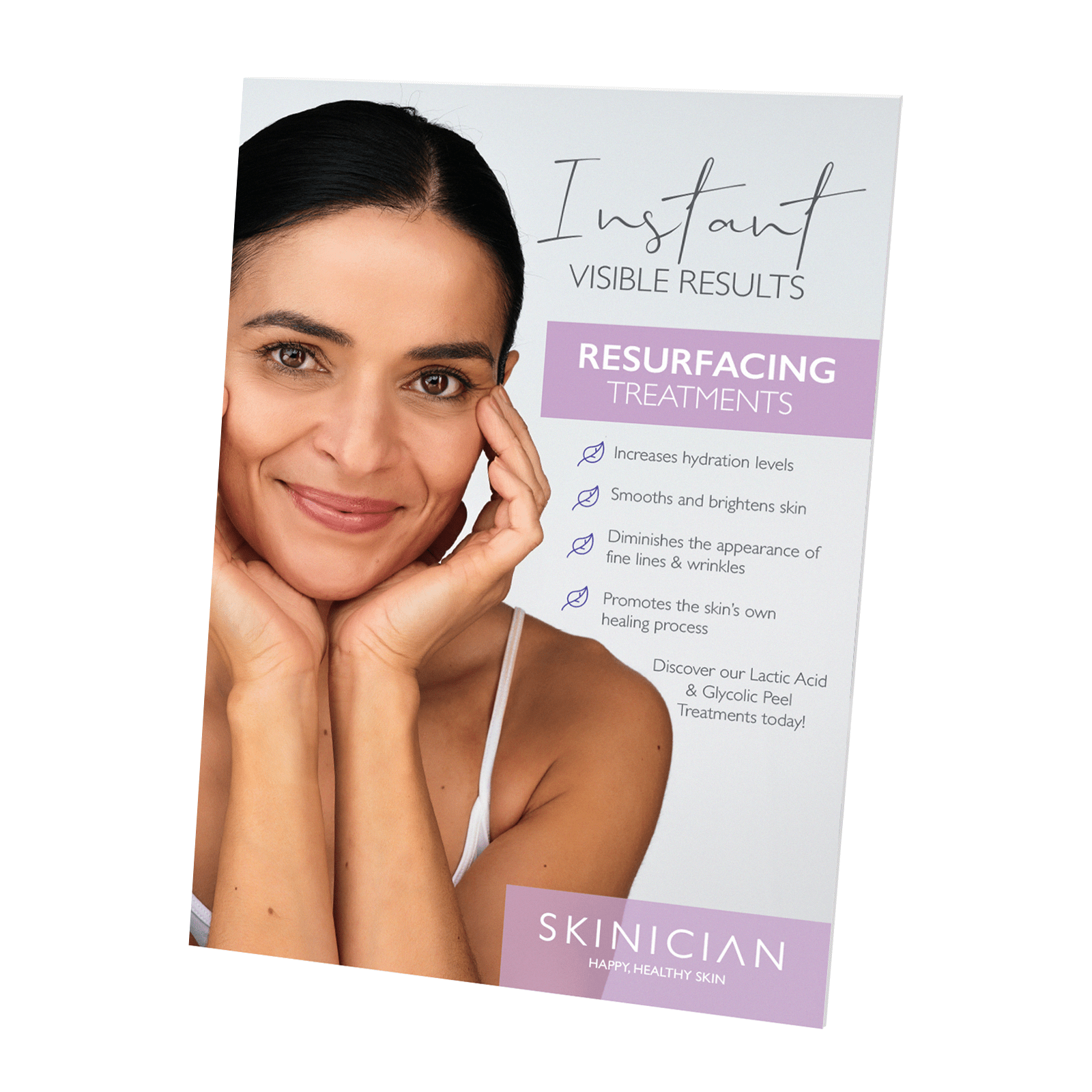 SKINICIAN resurfacing treatments advertisement with a woman's face on a white background