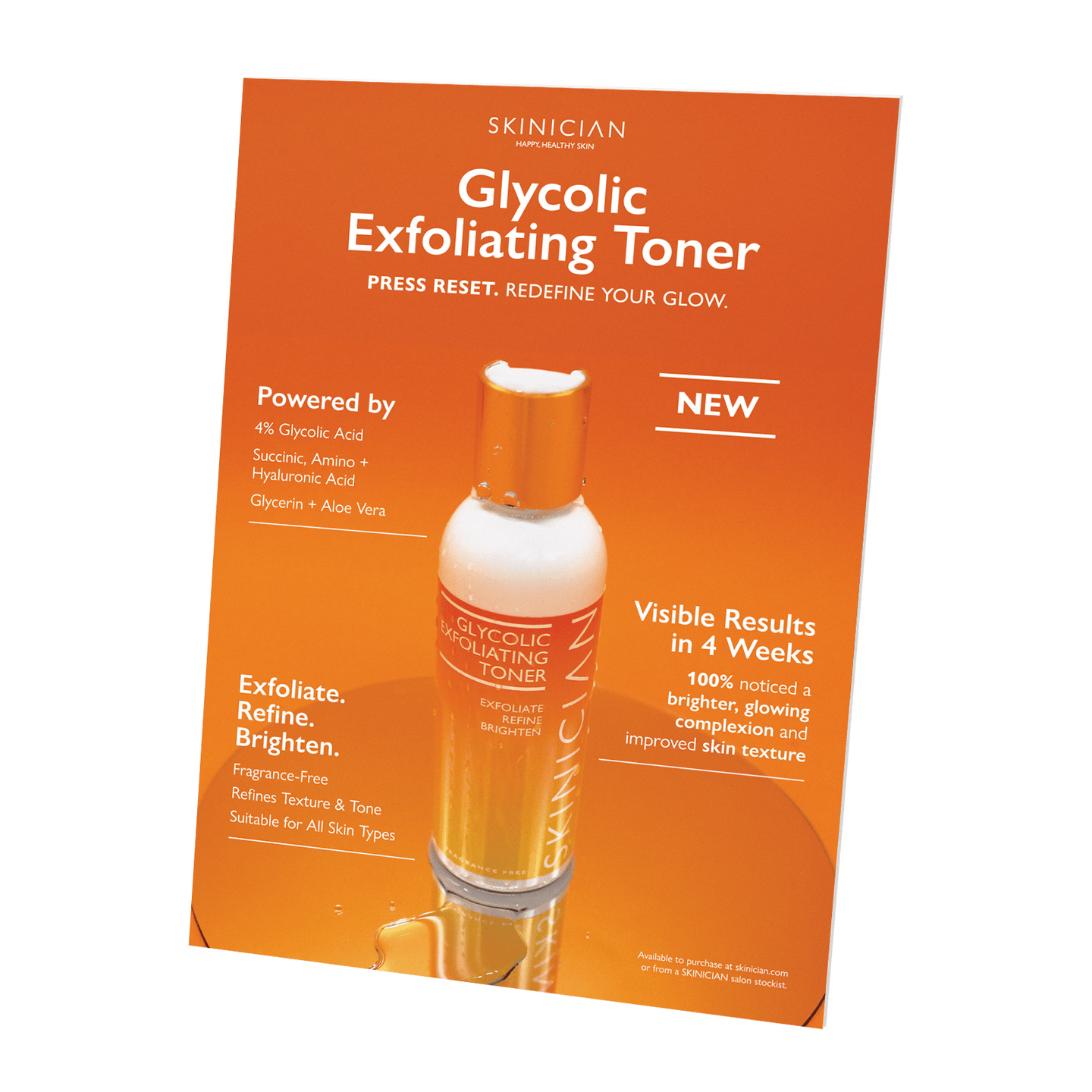 Glycolic Exfoliating Toner strut with an orange background and product image.