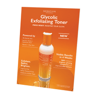 Glycolic Exfoliating Toner strut with an orange background and product image.