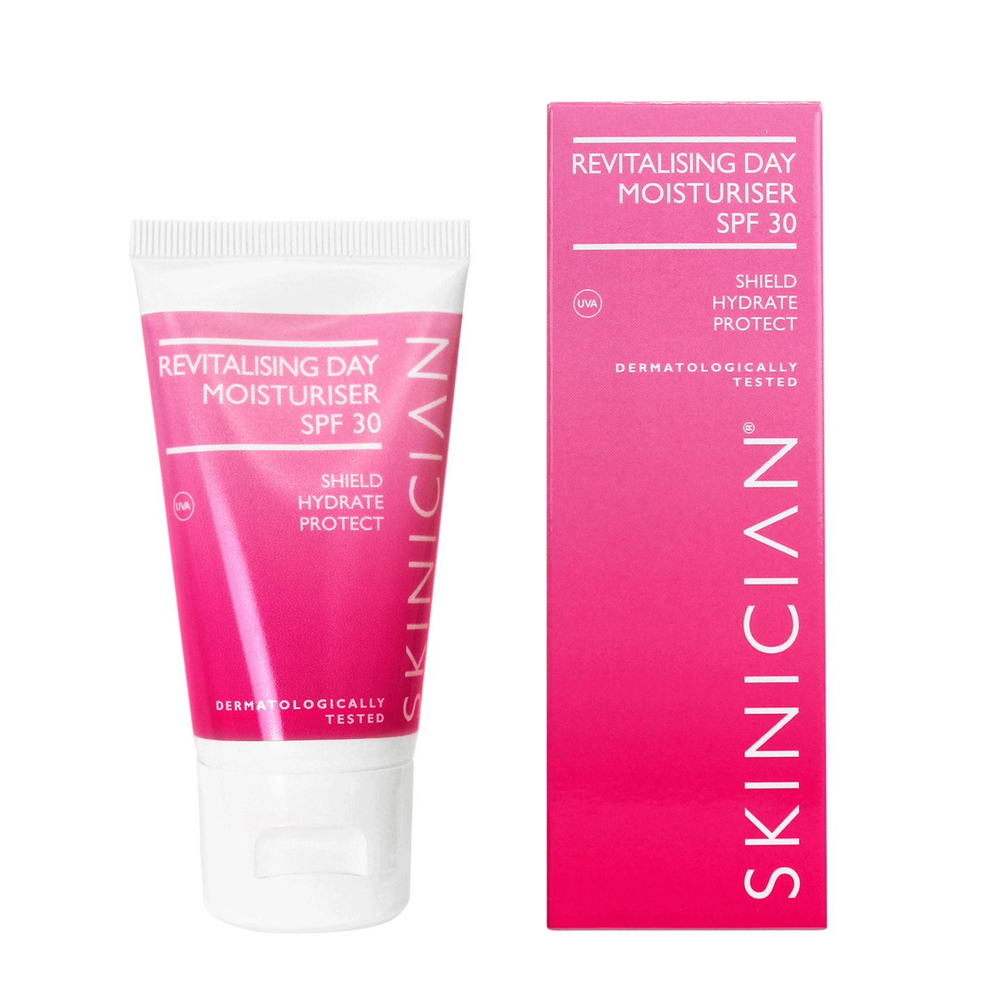 Pink tube and box of Skinician Revitalising Day Moisturiser SPF 30 on a white background