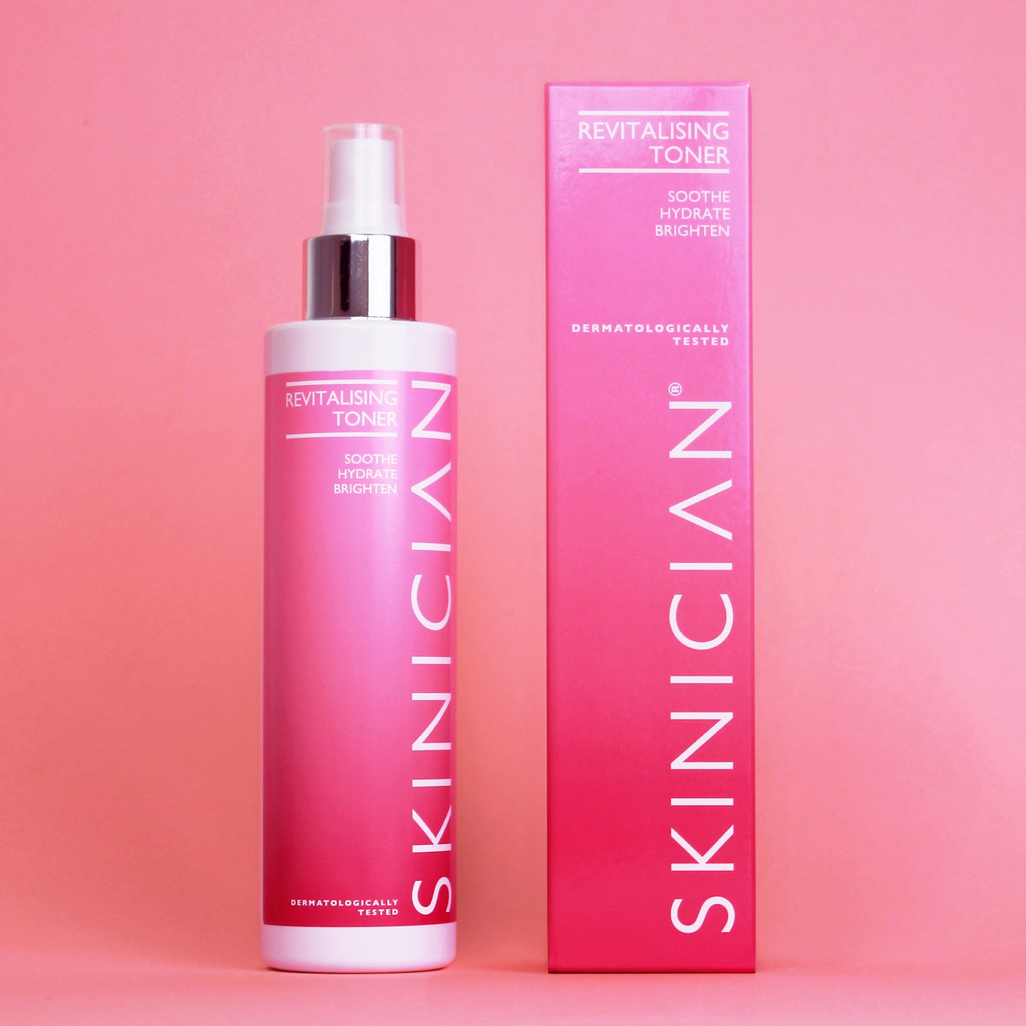 Image of Skinician Revitalising Toner bottle and outer box on pink background