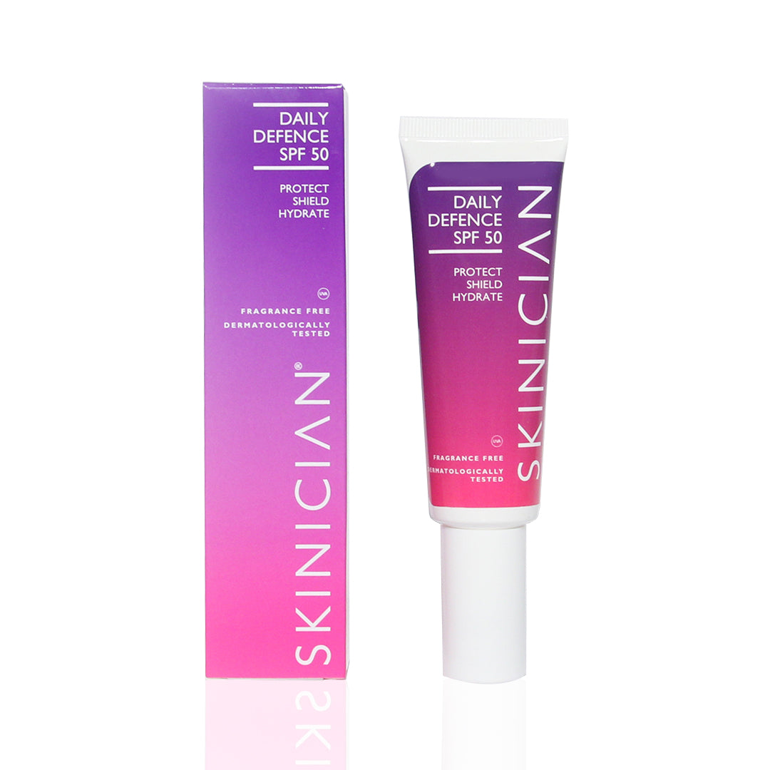 SKINICIAN Daily Defence SPF 50 tube and packaging on a white background