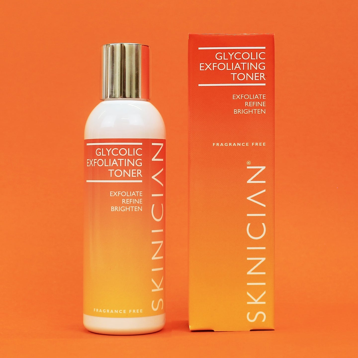 Skinician Glycolic Exfoliating Toner bottle and packaging on an orange background