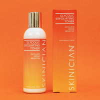 Skinician Glycolic Exfoliating Toner bottle and packaging on an orange background