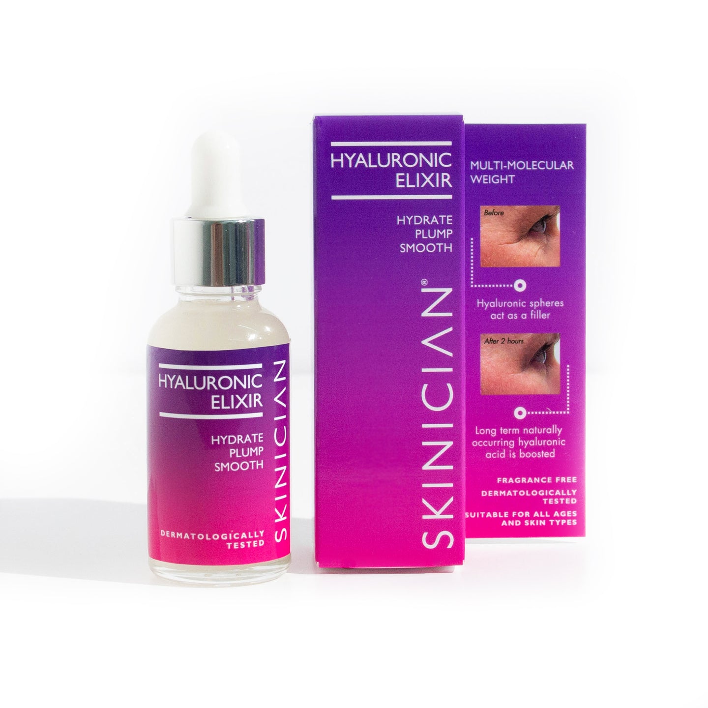 Skinician Hyaluronic Elixir bottle and packaging on a white background