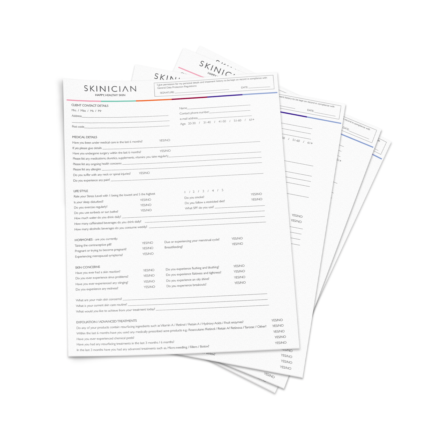 Skincare consultation forms with 'Skinician' branding on a white background