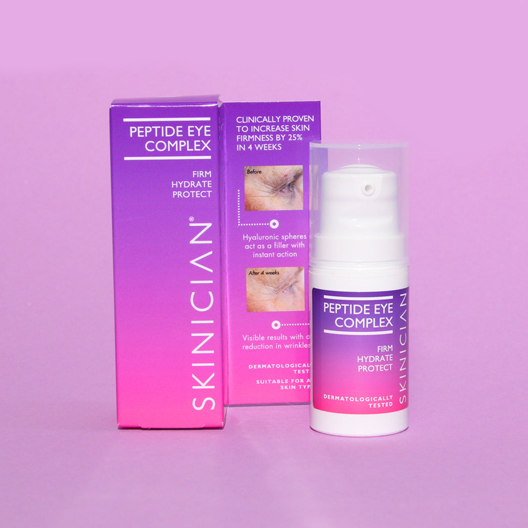 SKINICIAN Peptide Eye Complex packaging on a purple background