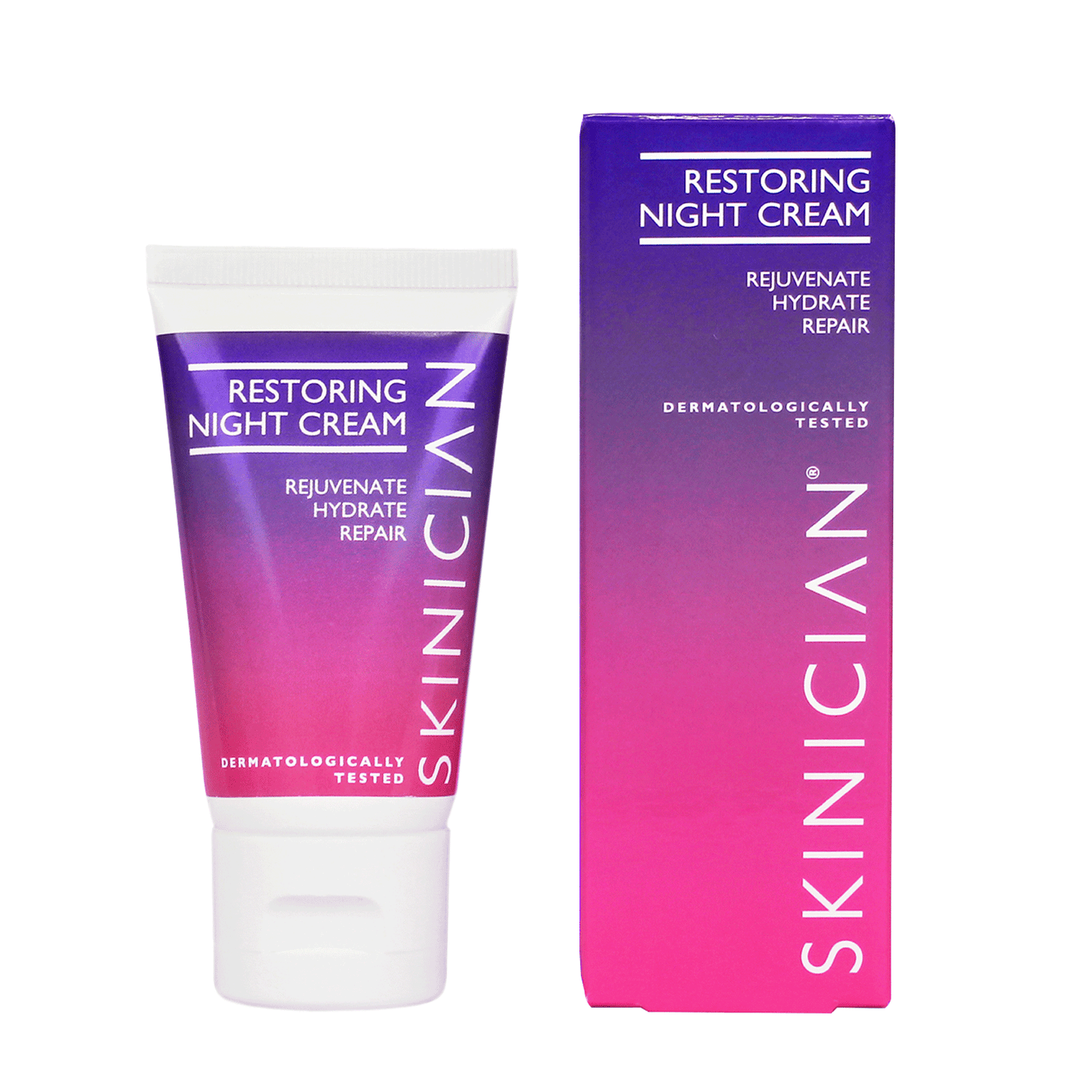 Skinician restoring night cream tube and box on a white background