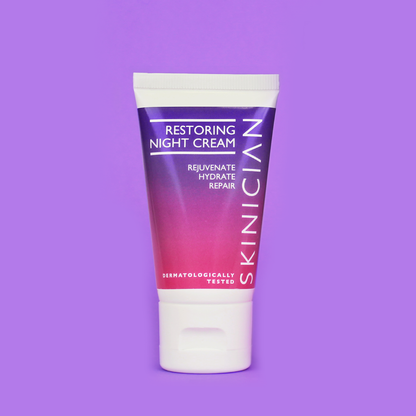 Restoring Night Cream by Skinician on a purple background