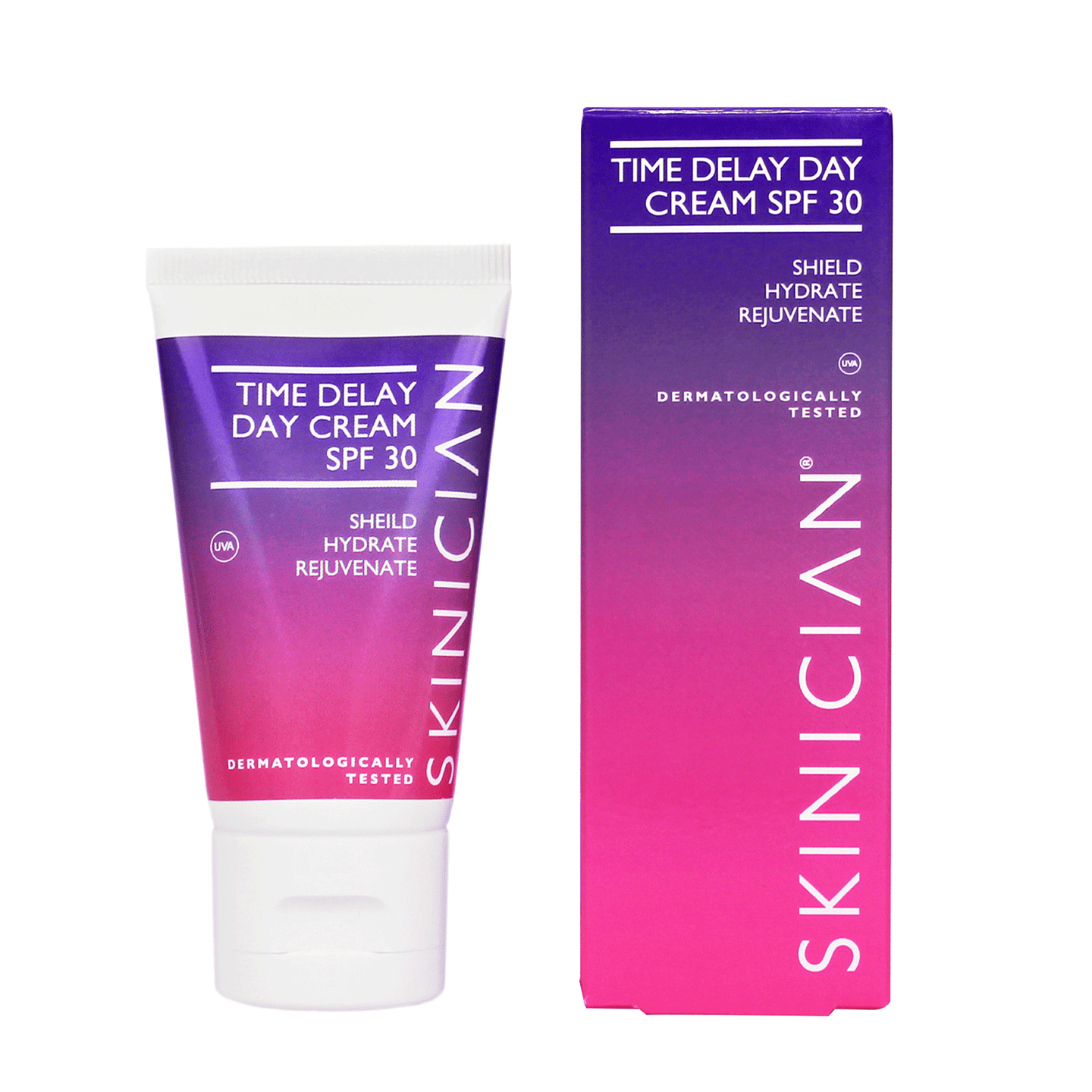 Time Delay Day Cream SPF 30 by Skinician with tube and packaging on a white background