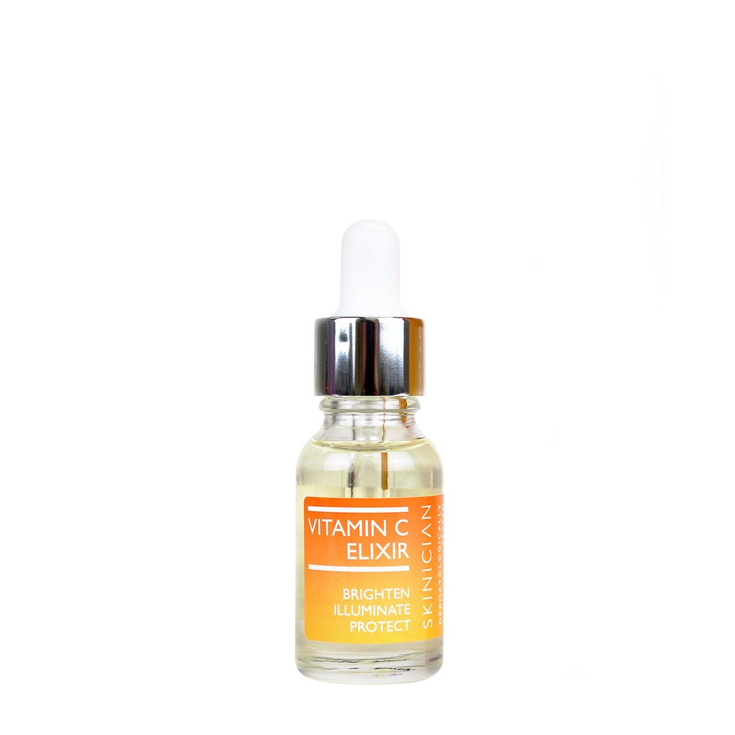 Bottle of vitamin C elixir with a dropper on a white background