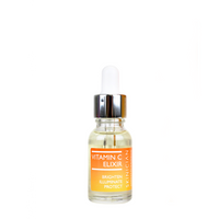 Bottle of vitamin C elixir with a dropper on a white background