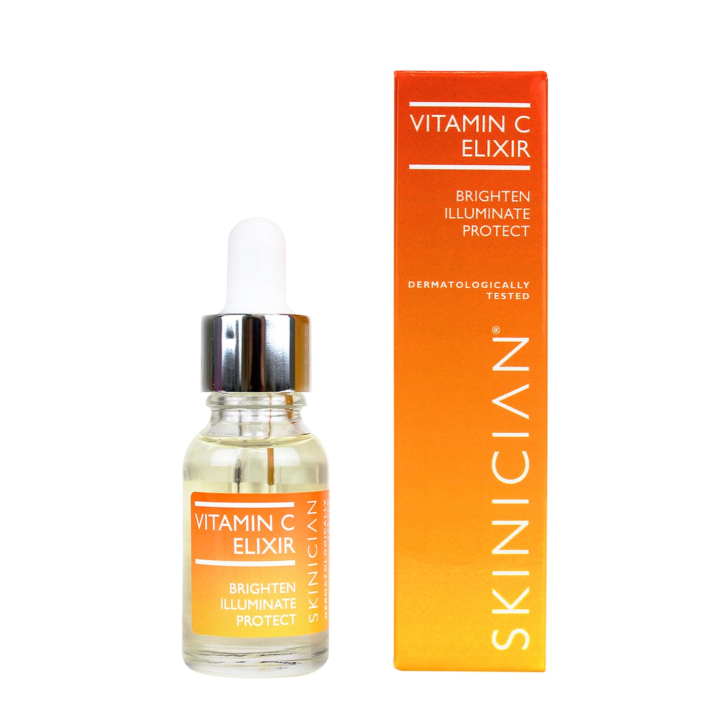 Vitamin C elixir bottle with dropper and orange packaging on a white background