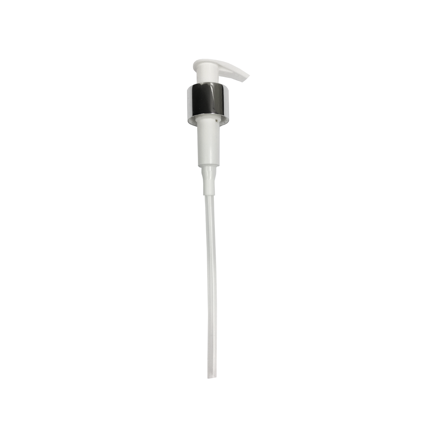 image of White lock up lotion pump with shiny silver overshell on white background