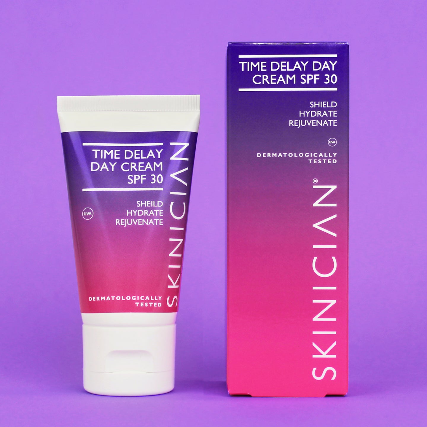 Time Delay Day Cream SPF 30 by Skinician with tube and packaging on a purple background