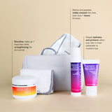 Image of Skinician Nighttime Rituals Skincare Set and the products inside on a beige background with text about skincare benefits.