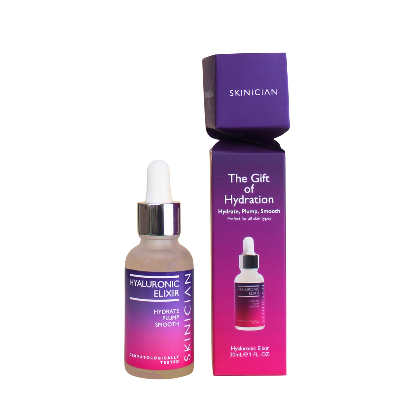 Skinician Hyaluronic Elixir bottle and packaging on a white background. 