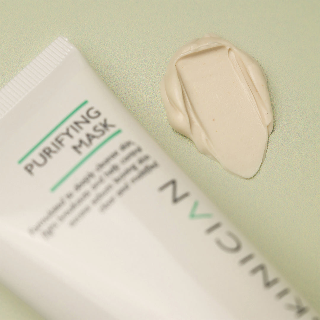 Purifying clay mask tube and mask texture displayed. 