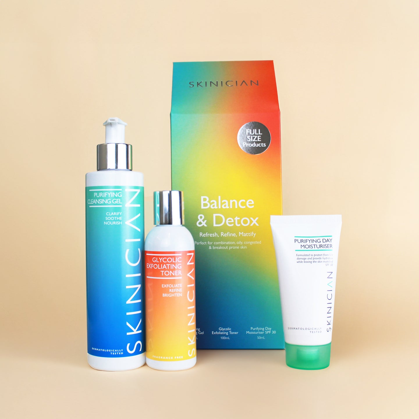 Image of Skinician Balance and Detox set outer box beside the products it contains on a beige background.