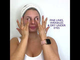 Video of Skinician eye cream with peptides being applied to eye area, after unboxing and pumping eye cream out of bottle