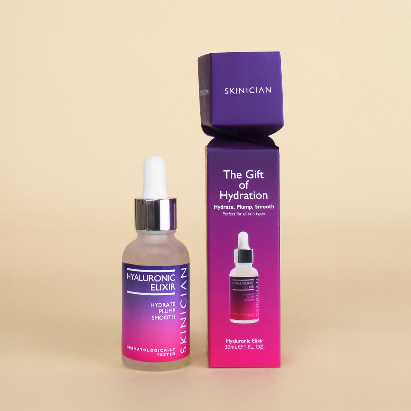 Skinician Hyaluronic Elixir bottle and packaging on a beige background. 