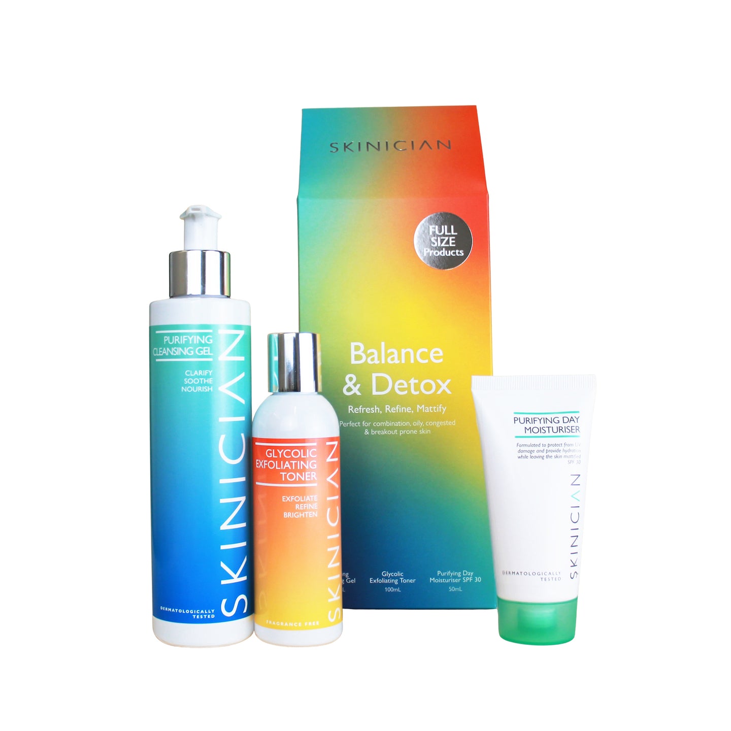 Image of Skinician Balance and Detox set outer box beside the products it contains on a white background.