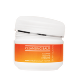 Cleansing balm jar with orange label on a white background