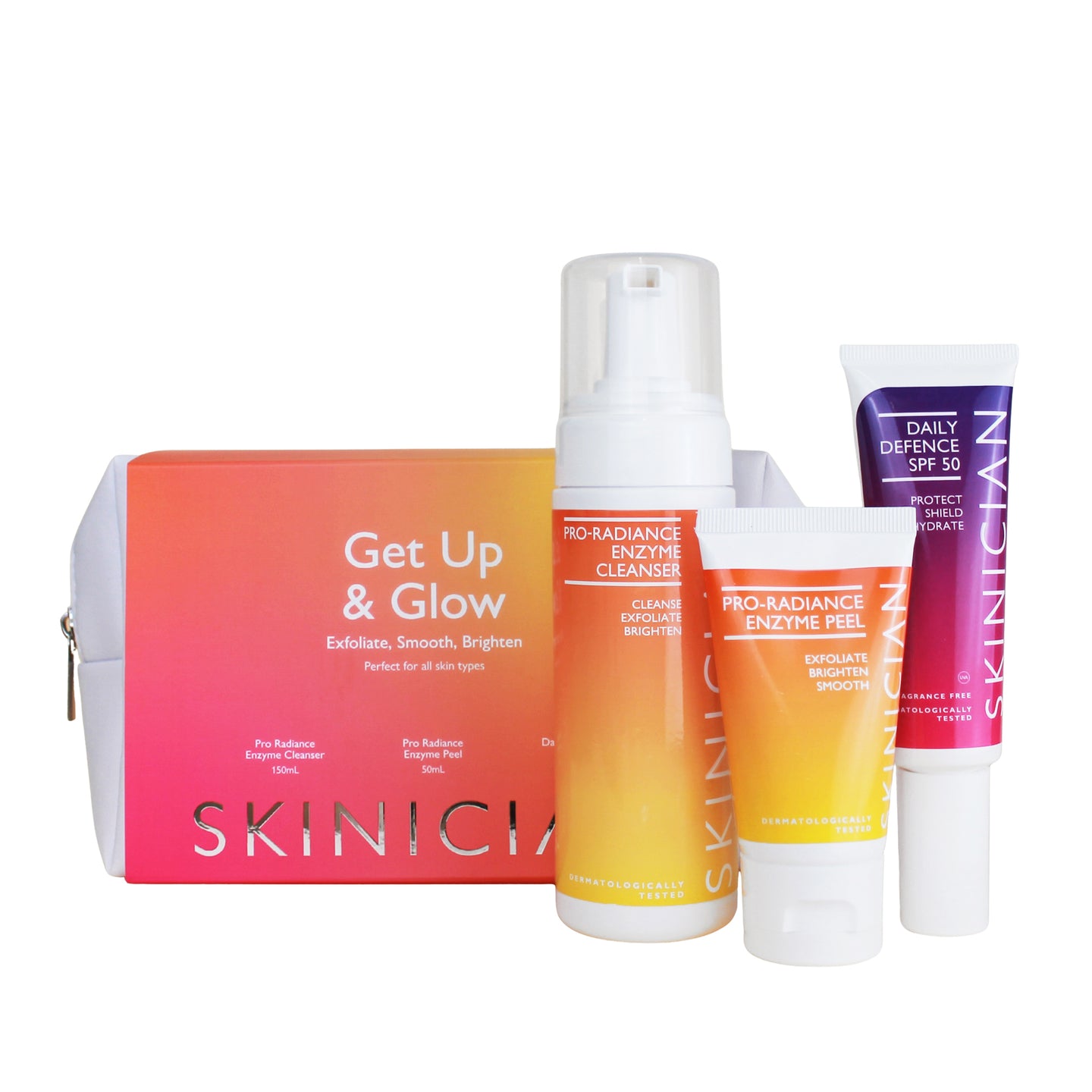 Image of Skinician Get Up & Glow Skincare Set and the products inside on a white background. 