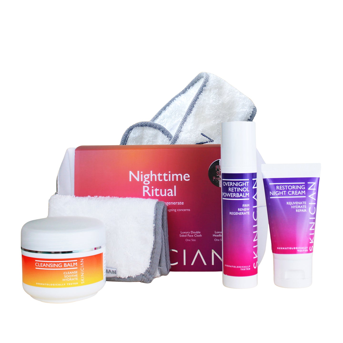 Image of Skinician Nighttime Rituals Skincare Set and the products inside on a white background.
