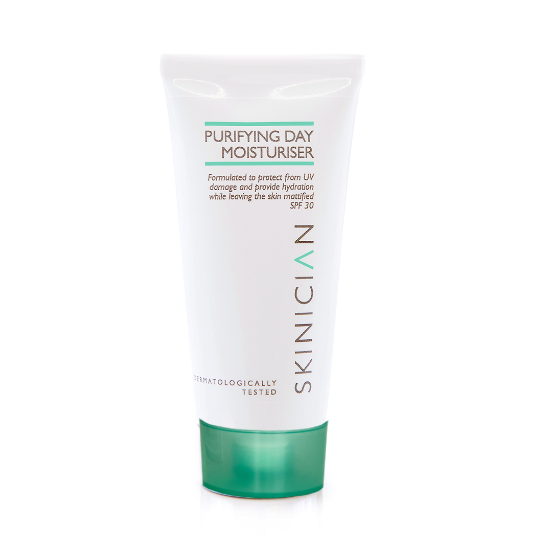Tube of Skinician Purifying Day Moisturiser on a white background