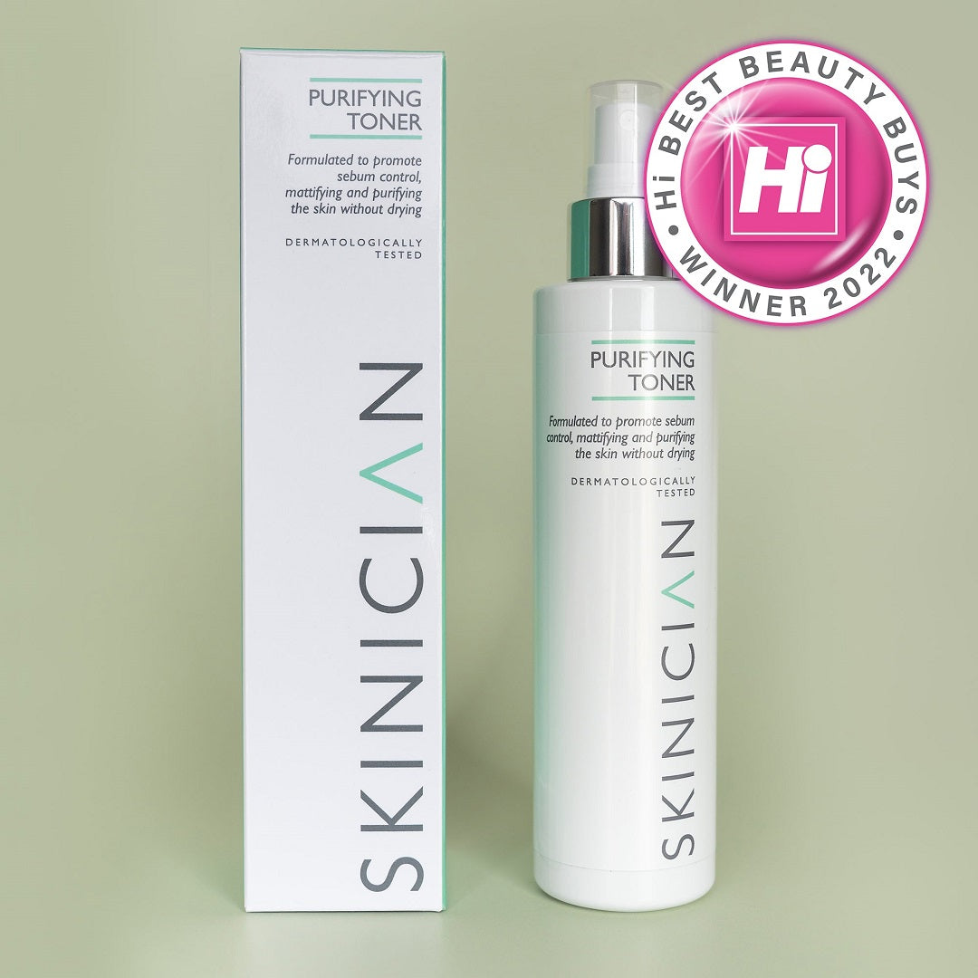 SKINICIAN purifying toner bottle and packaging on a light green background with 'Hi! Best Beauty Buys' award badge.