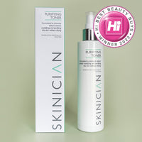 SKINICIAN purifying toner bottle and packaging on a light green background with 'Hi! Best Beauty Buys' award badge.