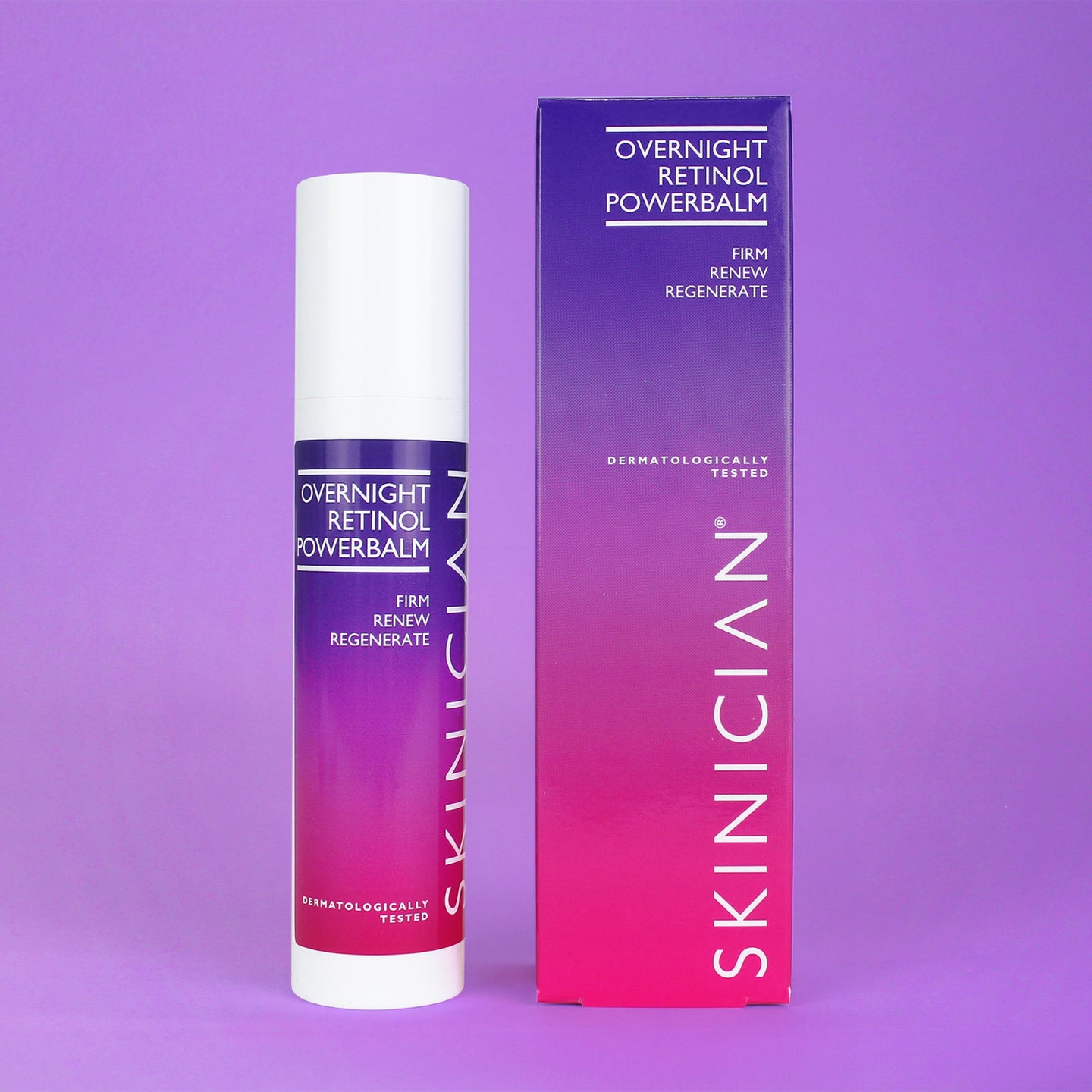 SKINICIAN Overnight Retinol PowerBalm packaging on a purple background