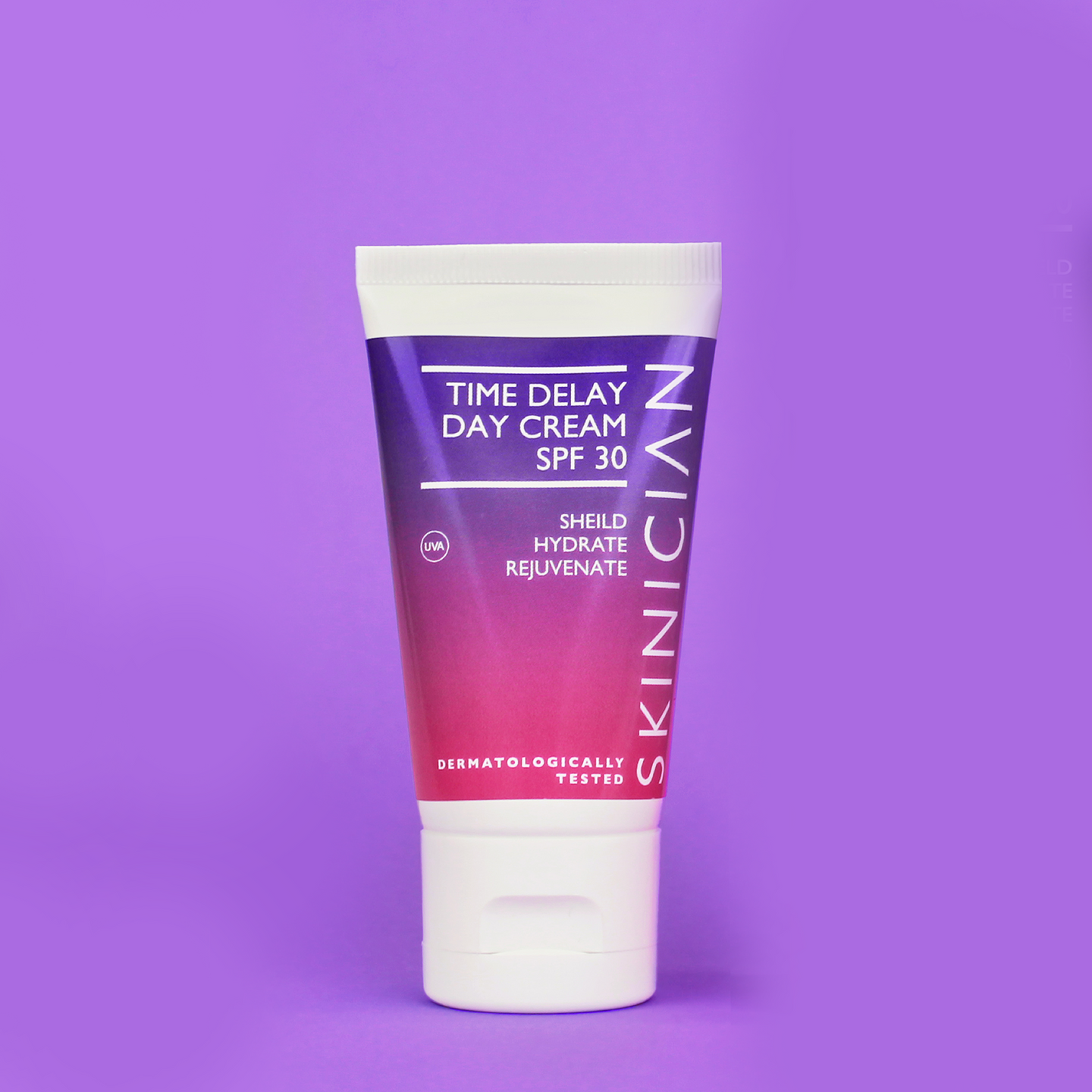 Tube of Skinician Time Delay Day Cream SPF 30 on a purple background